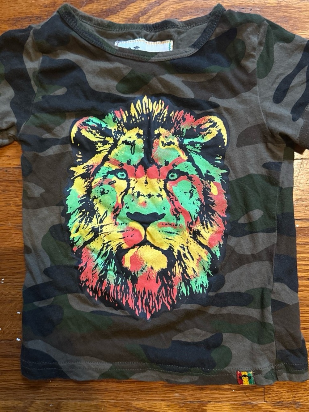 Appaman Camo Tee with Multicolor Lion Print (green, yellow, red)